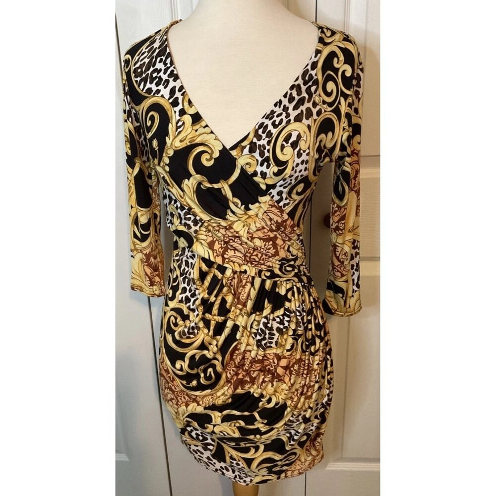 Goddess‎ London V Neck Black Gold Dress Size Small Mob Wife